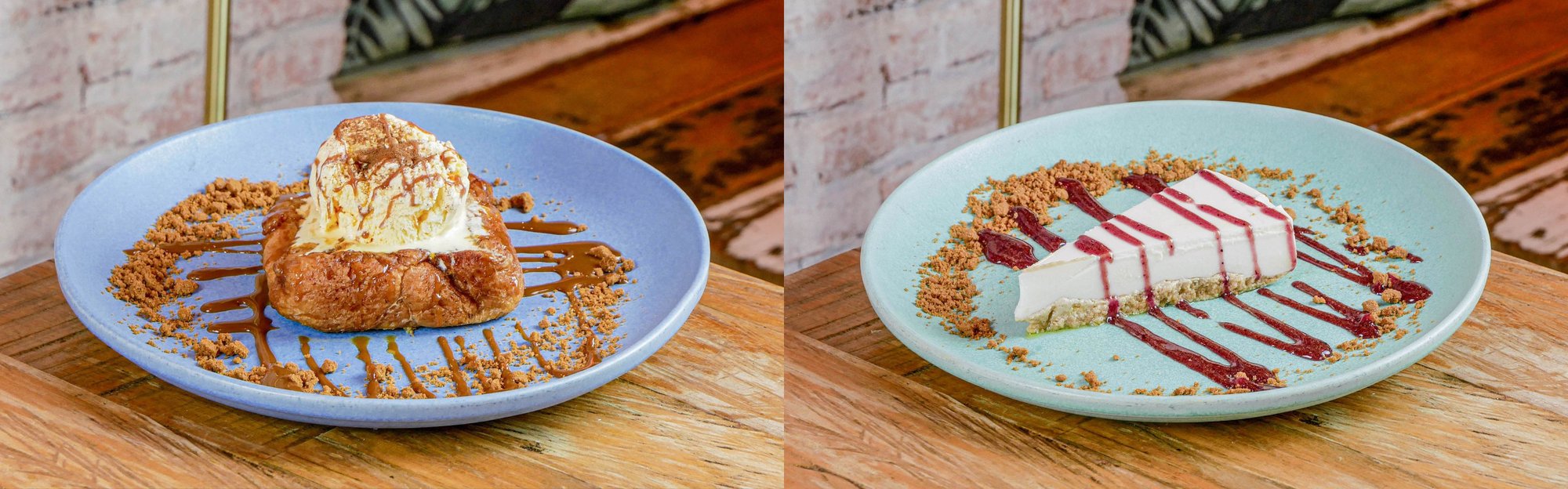 Torrija con helado de vainilla y tarta de queso, postres de restaurantes del grupo Maná Verde